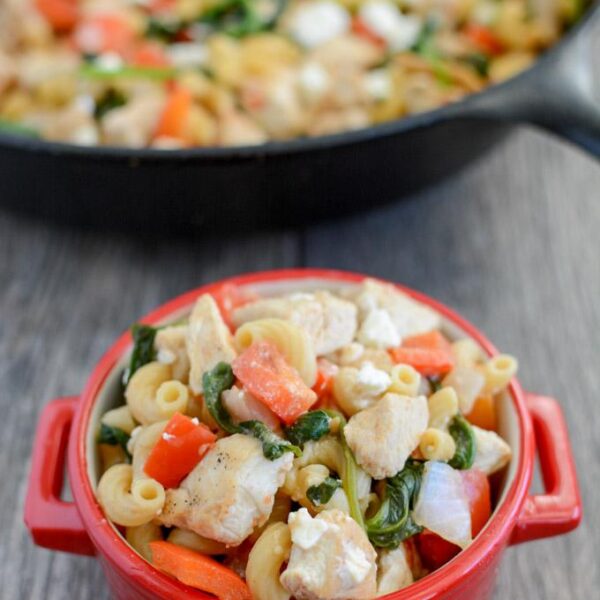 Only one pan required for this Skillet Mediterranean Chicken Pasta! This easy, healthy dinner recipe is perfect for busy weeknights.