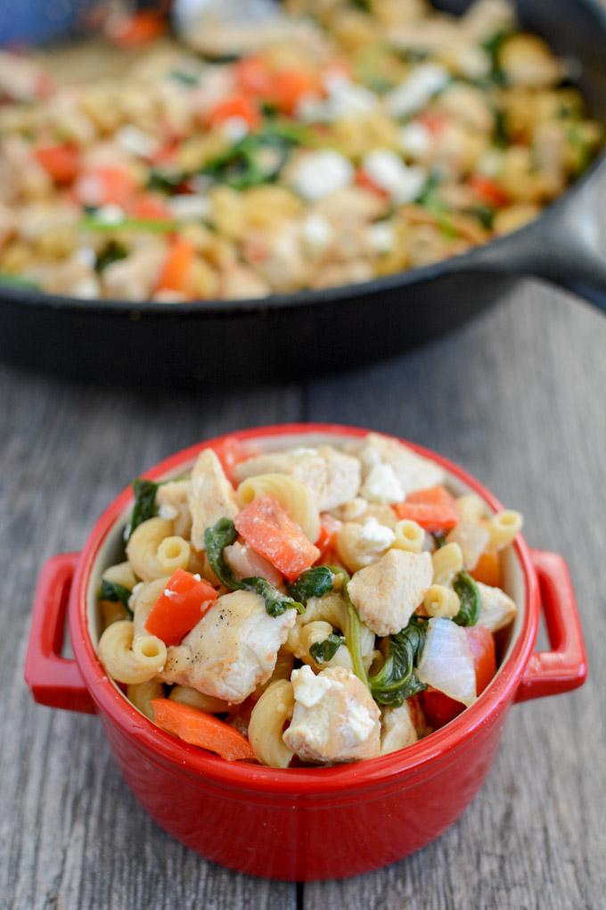 Only one pot required for this Skillet Mediterranean Chicken Pasta! This easy, healthy dinner recipe is the perfect one-pan meal for busy weeknights. 