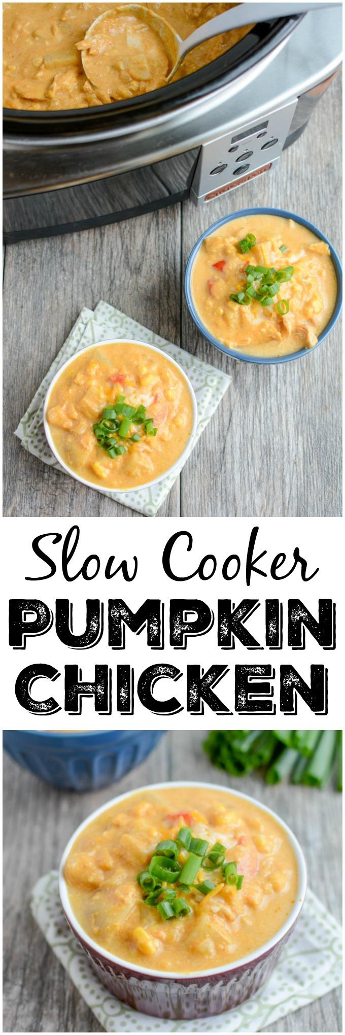 This Slow Cooker Creamy Pumpkin Chicken is the perfect easy fall dinner recipe. Throw all the ingredients in the crockpot, let it simmer and serve!