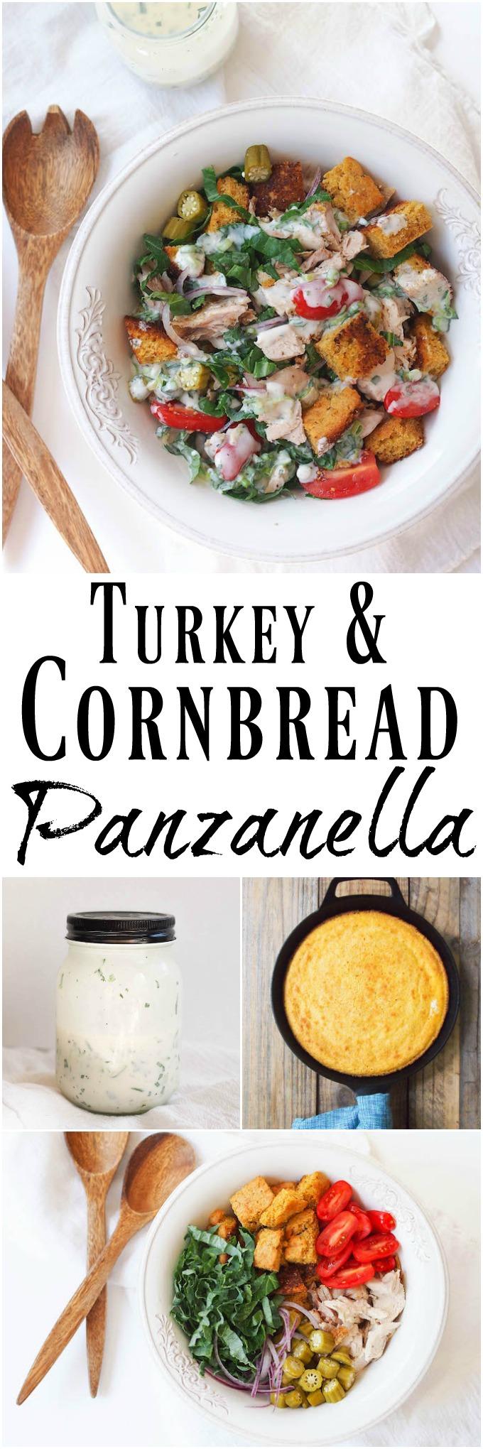 This Turkey and Cornbread Panzanella is the perfect recipe to use up your Thanksgiving leftovers! Enjoy this healthy bread salad for lunch while watching football!