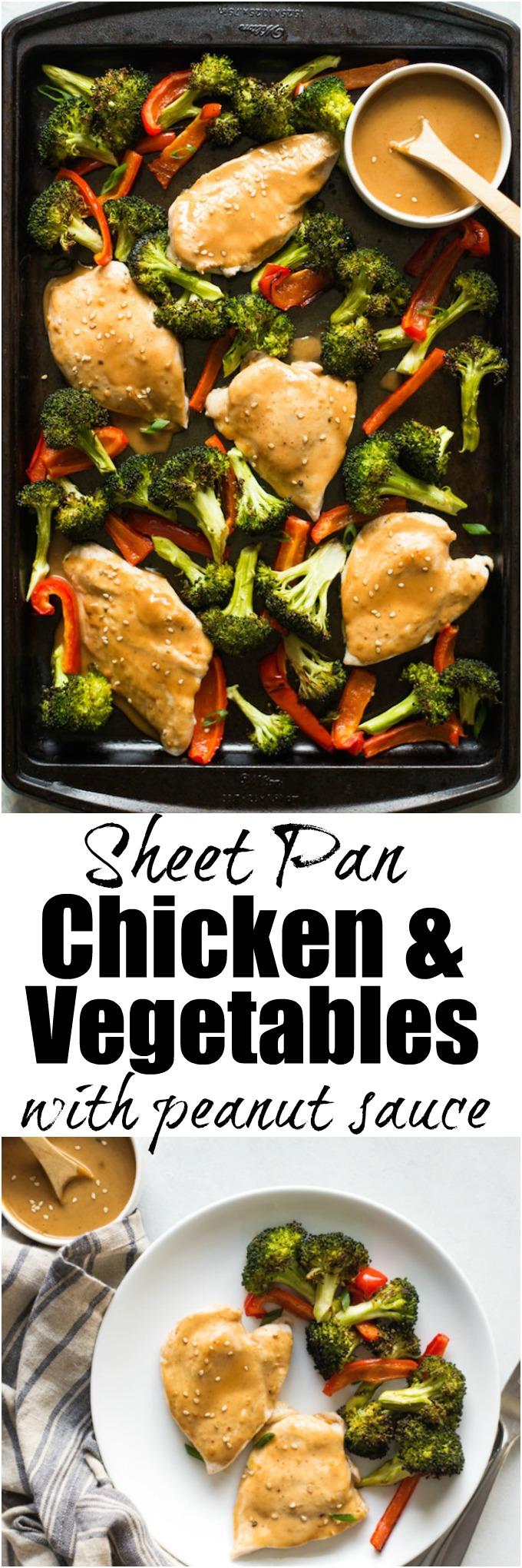 This easy Sheet Pan Chicken and Vegetables recipe is a quick and healthy. Top it with a flavorful peanut sauce and the whole family will love it!