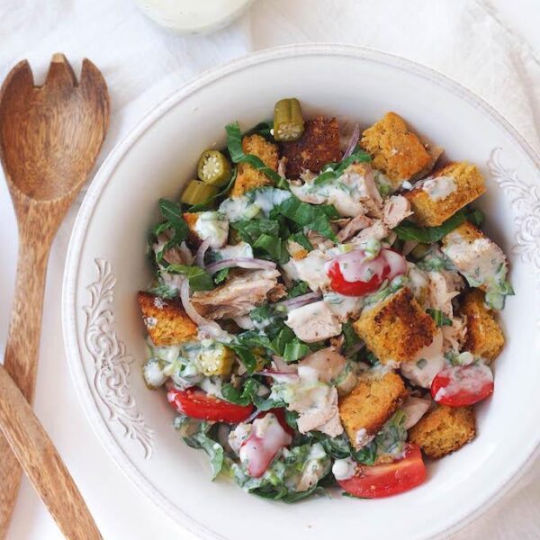 This Cornbread and Turkey Panzanella is the perfect recipe to use up your Thanksgiving leftovers! Enjoy this healthy bread salad for lunch while watching football!