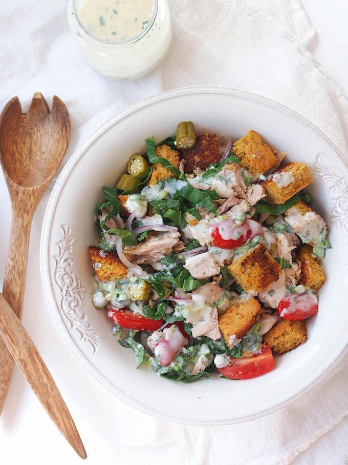 This Turkey and Cornbread Panzanella is the perfect recipe to use up your Thanksgiving leftovers! Enjoy this healthy bread salad for lunch while watching football!