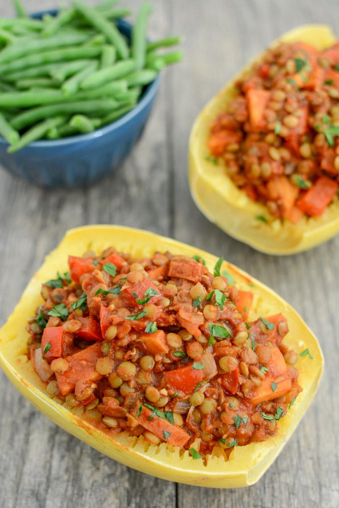 These Lentil Sloppy Joes are a healthy vegetarian recipe that's perfect for lunch or dinner. Serve over spaghetti squash to keep it gluten-free or on a bun!