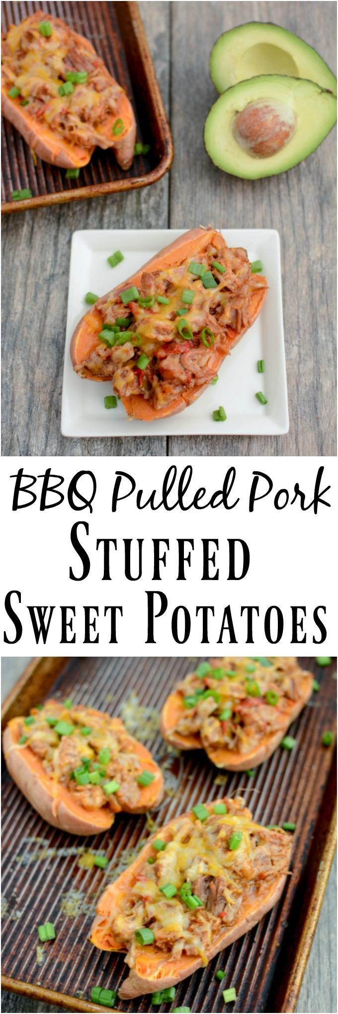 These BBQ Pulled Pork Stuffed Sweet Potatoes are perfect for food prep. Make a big batch of pulled pork and sweet potatoes, stuff them ahead of time and reheat to eat for lunch or dinner.