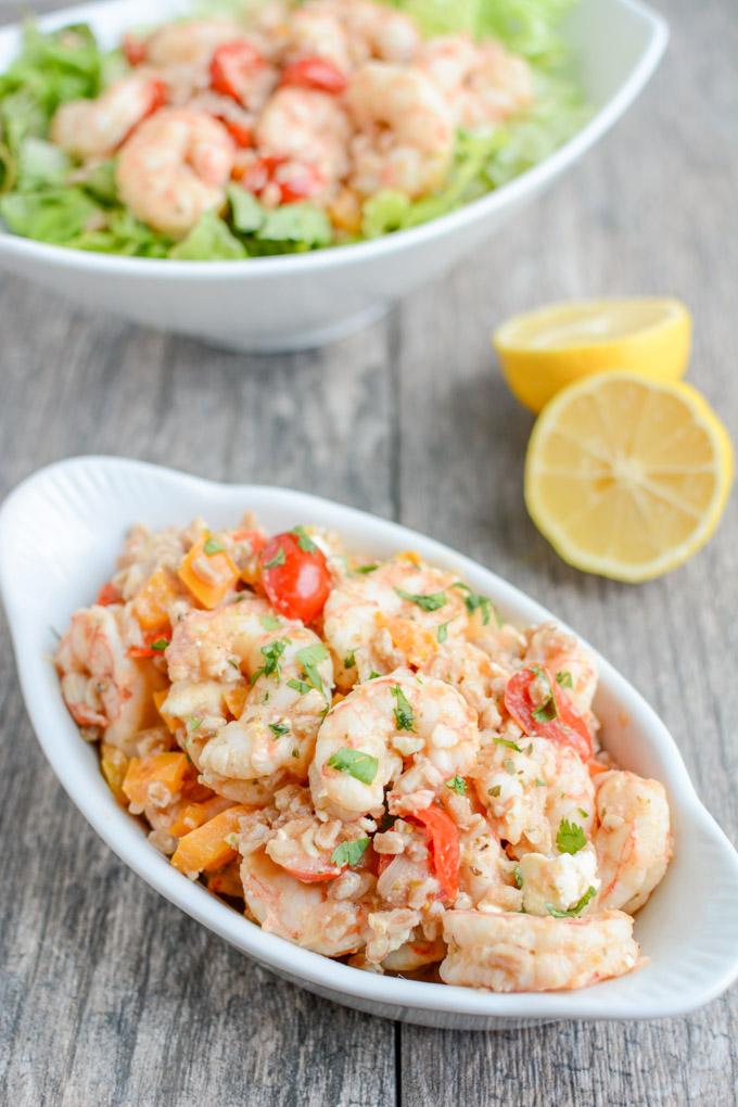This recipe for Greek Shrimp and Farro is perfect for a quick, healthy dinner. Loaded with flavor, it's easy to make and tastes great warm or cold!