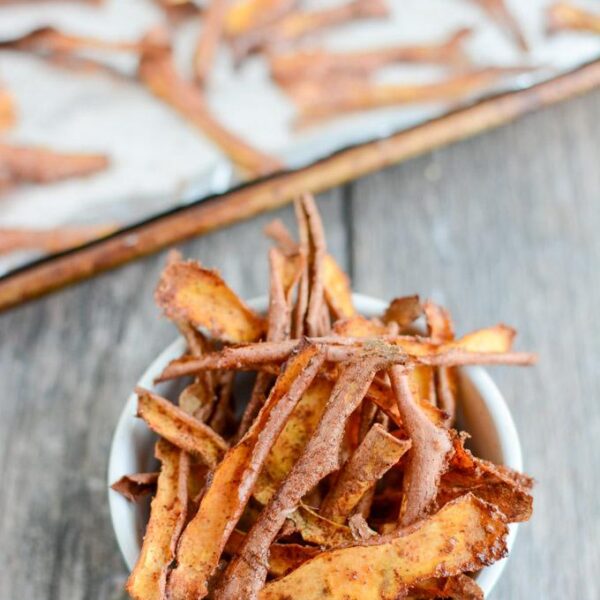 These Cinnamon Sugar Sweet Potato Peels are a fun dessert idea! Eat them as is, crumble over ice cream or yogurt or drizzle with chocolate for a sweet treat!