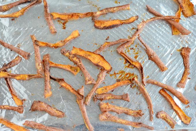 These Cinnamon Sugar Sweet Potato Peels are a fun dessert idea! Eat them as is, crumble over ice cream or yogurt or drizzle with chocolate for a sweet treat! 