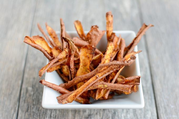 These Cinnamon Sugar Sweet Potato Peels are a fun dessert idea! Eat them as is, crumble over ice cream or yogurt or drizzle with chocolate for a sweet treat! 