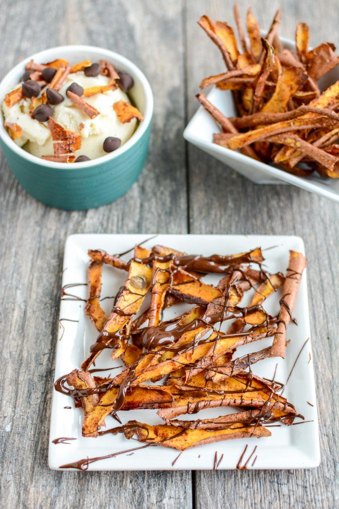 These Cinnamon Sugar Sweet Potato Peels are a fun dessert idea! Eat them as is, crumble over ice cream or yogurt or drizzle with chocolate for a sweet treat! 