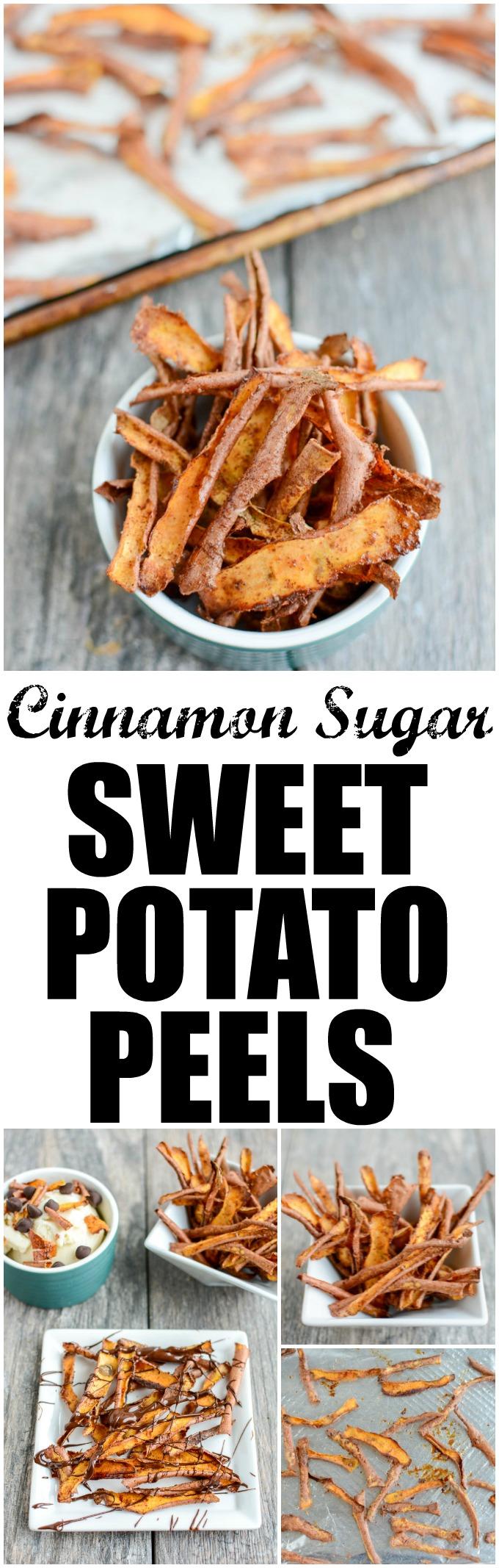 These Cinnamon Sugar Sweet Potato Peels are a fun dessert idea! Eat them as is, crumble over ice cream or yogurt or drizzle with chocolate for a sweet treat! 