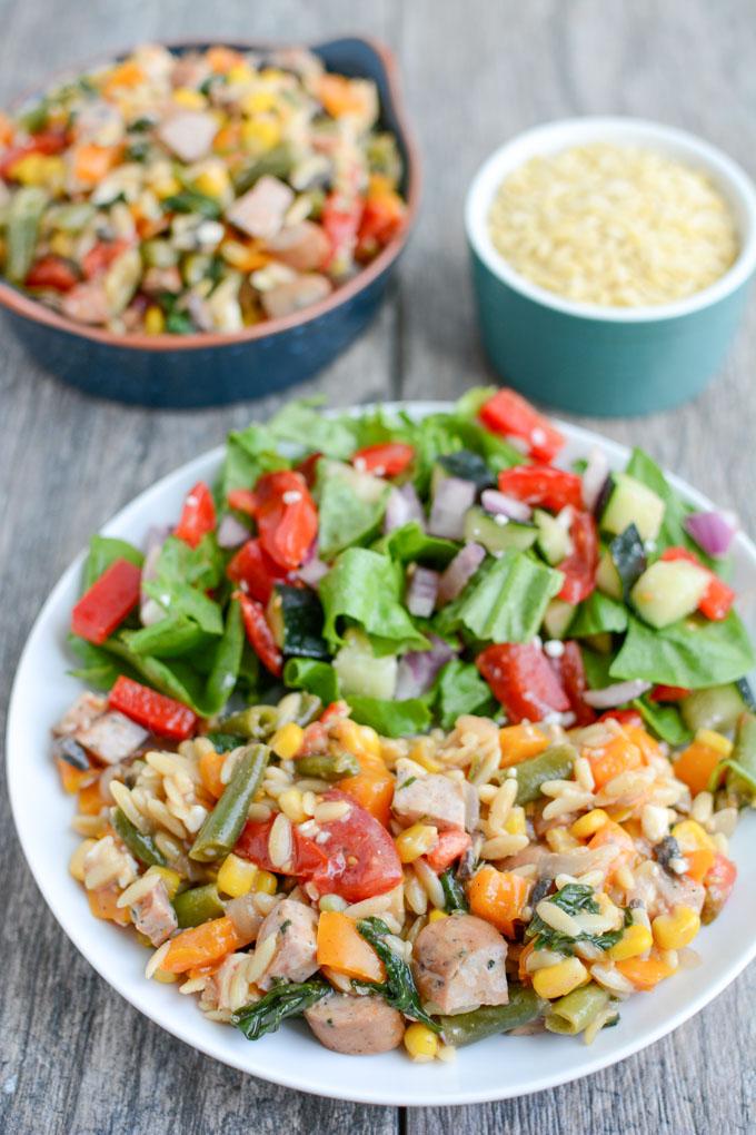 This one pot Orzo Pasta Salad with Chicken Sausage is perfect for BBQs, potlucks, and parties. Serve it as a side dish or a light lunch or dinner.