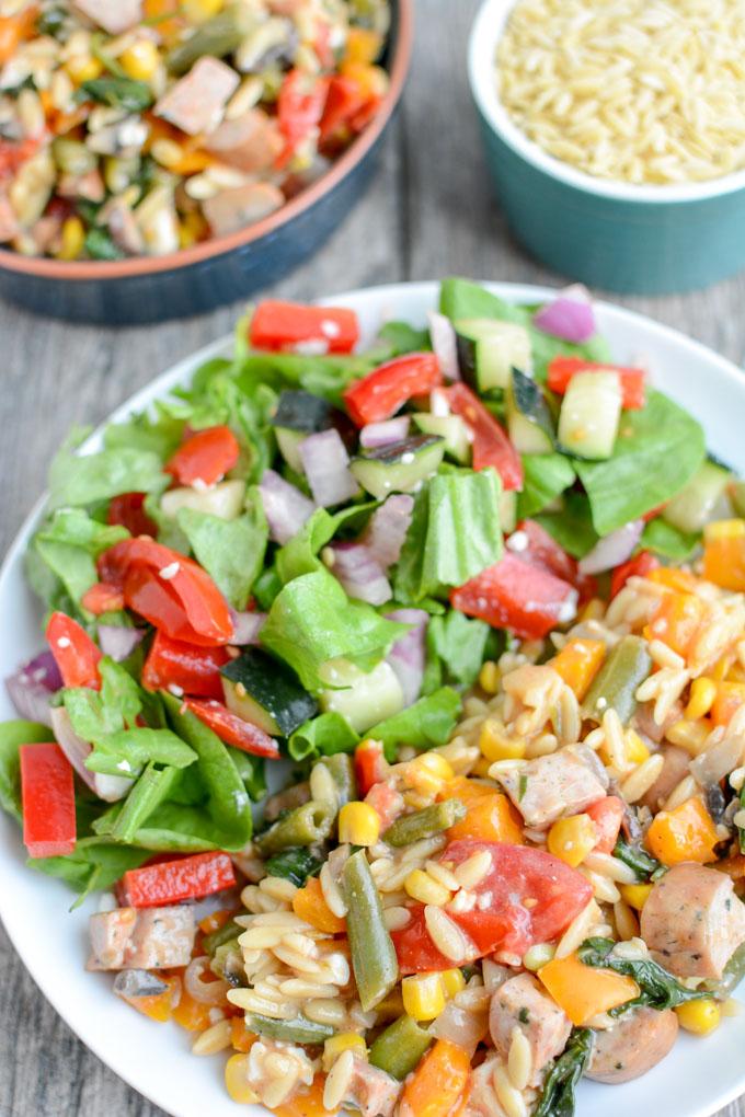 This one pot Orzo Pasta Salad with Chicken Sausage is perfect for BBQs, potlucks, and parties. Serve it as a side dish or a light lunch or dinner.