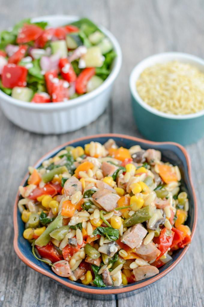 This one pot Orzo Pasta Salad with Chicken Sausage is perfect for BBQs, potlucks, and parties. Serve it as a side dish or a light lunch or dinner.