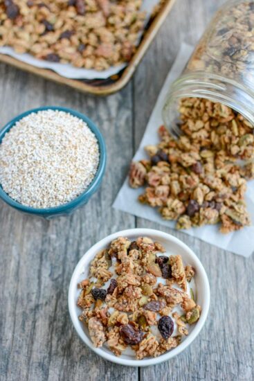 This Puffed Amaranth Granola recipe is lightly sweetened, packed with protein and perfect for a healthy breakfast or snack!