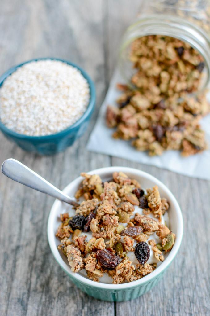 This Puffed Amaranth Granola recipe is lightly sweetened, packed with protein and perfect for a healthy, gluten-free breakfast or snack!