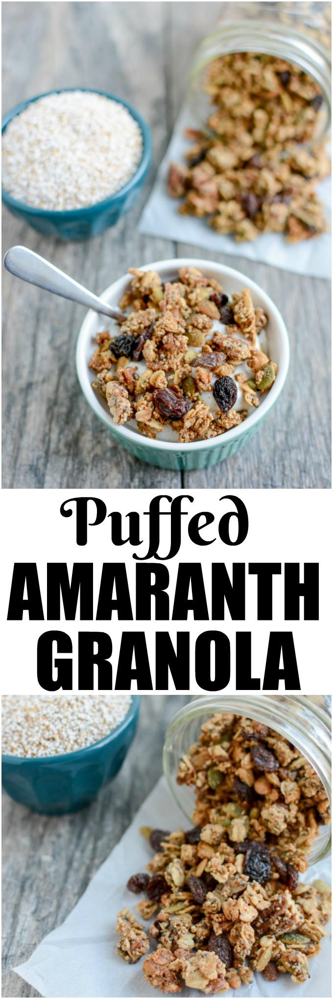 This Puffed Amaranth Granola recipe is lightly sweetened, packed with protein and perfect for a healthy, gluten-free breakfast or snack!