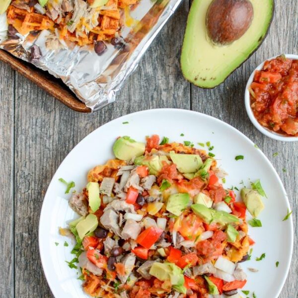 These easy Sweet Potato Waffle Nachos are a great way to transform leftover pulled pork or chicken into a healthy new lunch or dinner. This recipe would also make a great party appetizer!