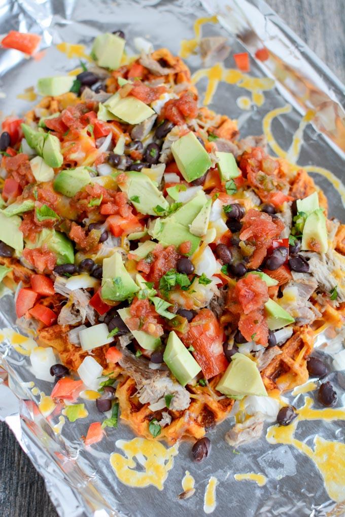 These easy Sweet Potato Waffle Nachos are a great way to transform leftover pulled pork or chicken into a healthy new lunch or dinner. This recipe would also make a great party appetizer!