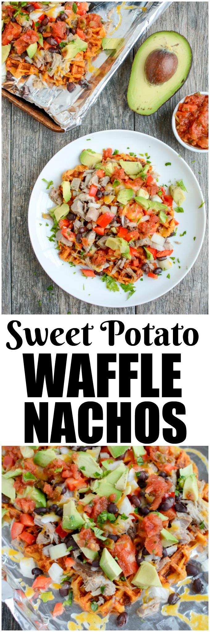 These easy Sweet Potato Waffle Nachos are a great way to transform leftover pulled pork or chicken into a healthy new lunch or dinner. This recipe would also make a great party appetizer!