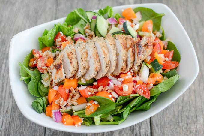 This Mediterranean Turkey Spinach Salad recipe is packed with protein and flavor! Prep the components ahead of time and assemble for a quick, healthy lunch or dinner!