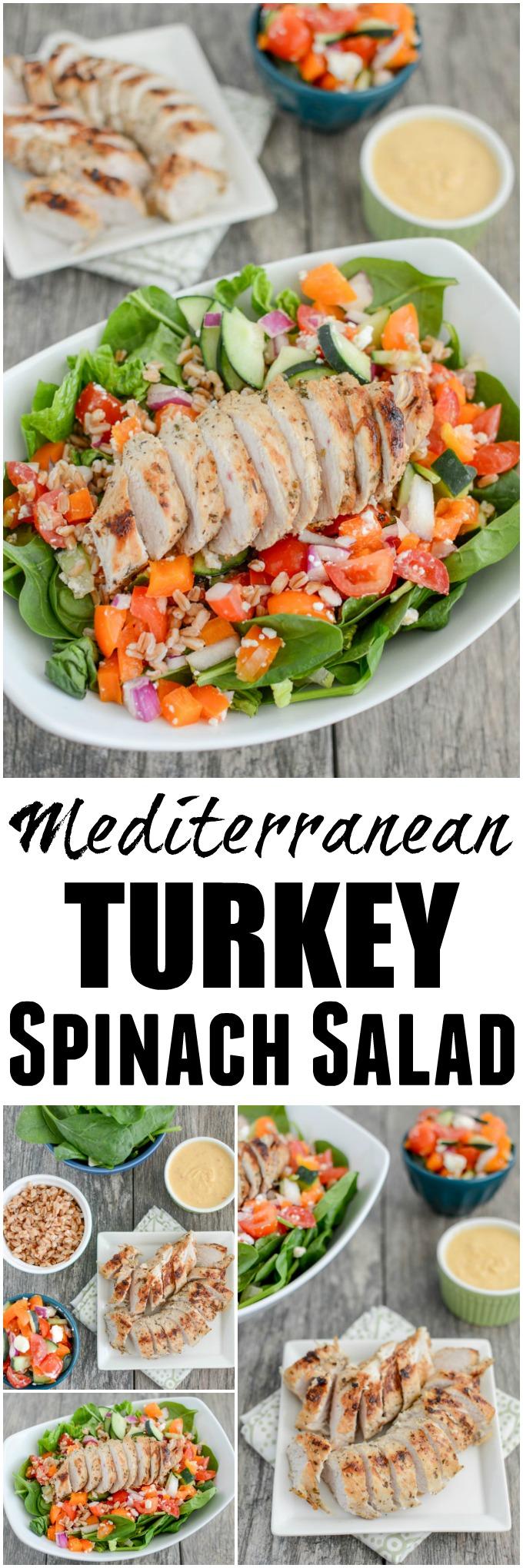 This Mediterranean Turkey Spinach Salad recipe is packed with protein and flavor! Prep the components ahead of time and assemble for a quick, healthy lunch or dinner!