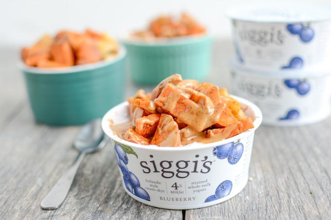 These Roasted Sweet Potato Yogurt Bowls are perfect for a healthy post-workout snack! A perfect mix of protein and carbohydrates to fuel your muscles and so easy to make. 