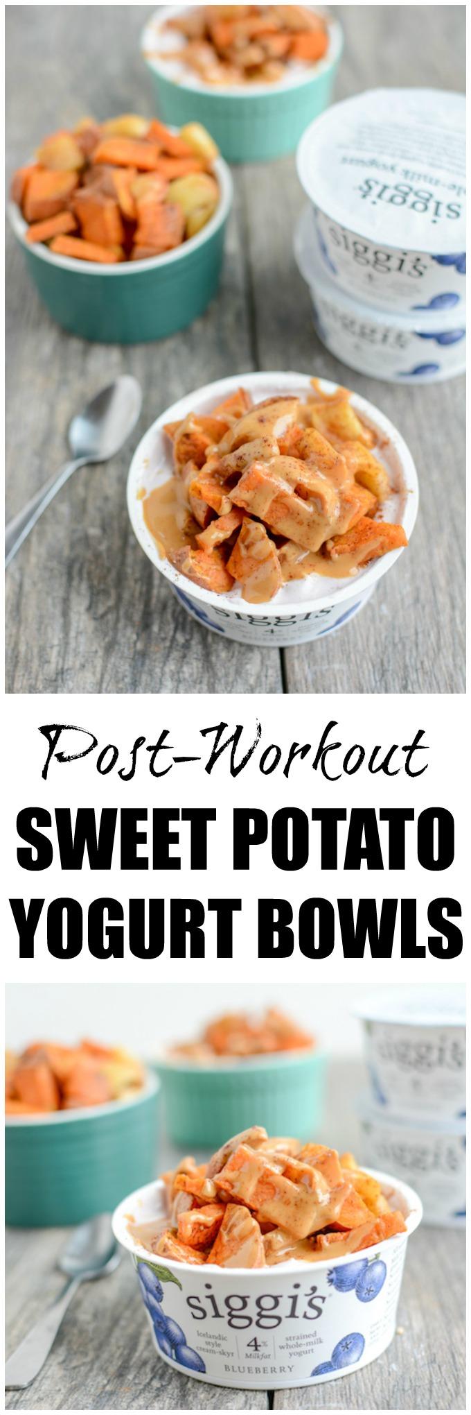 These Roasted Sweet Potato Yogurt Bowls are perfect for a healthy post-workout snack! A perfect mix of protein and carbohydrates to fuel your muscles and so easy to make. 