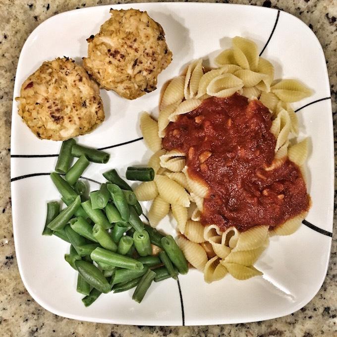 Salmon cakes and pasta