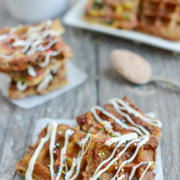 These Dessert French Toast Waffle Bites are a kid-friendly treat that make a fun, healthy dessert alternative to cookies or cake.