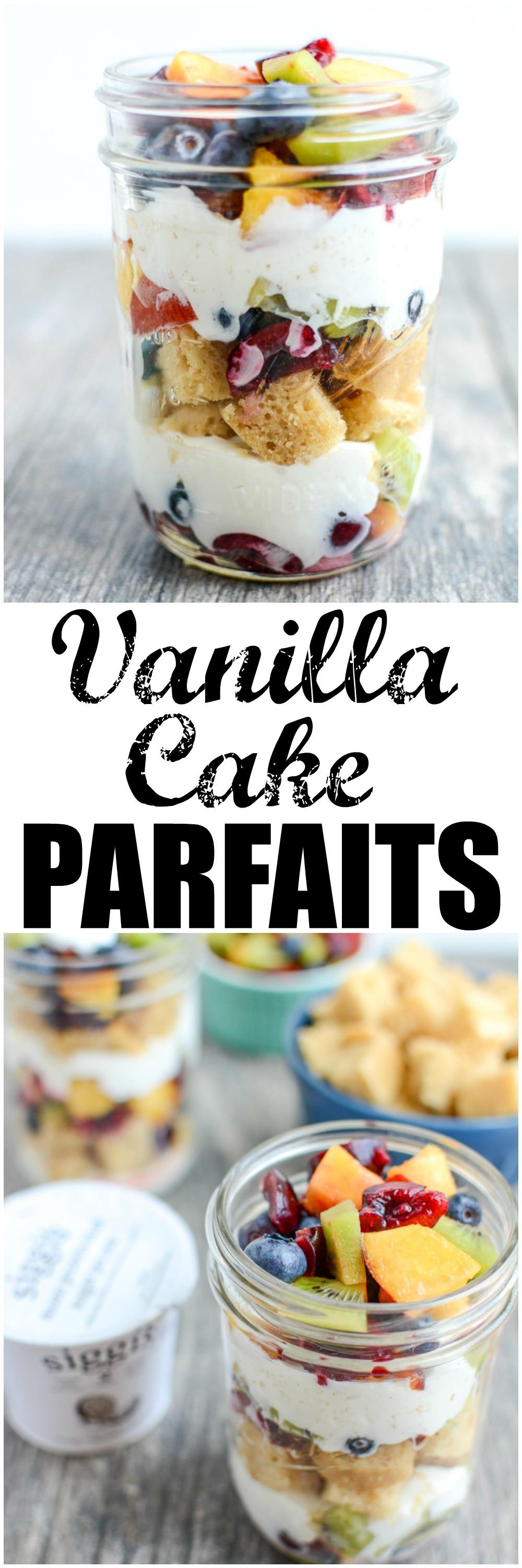 These Vanilla Cake Parfaits are the perfect dessert. Adults and kids will love the layers of cake cubes, yogurt and fresh fruit. Assemble it ahead of time or set up a DIY parfait bar and let people build their own!