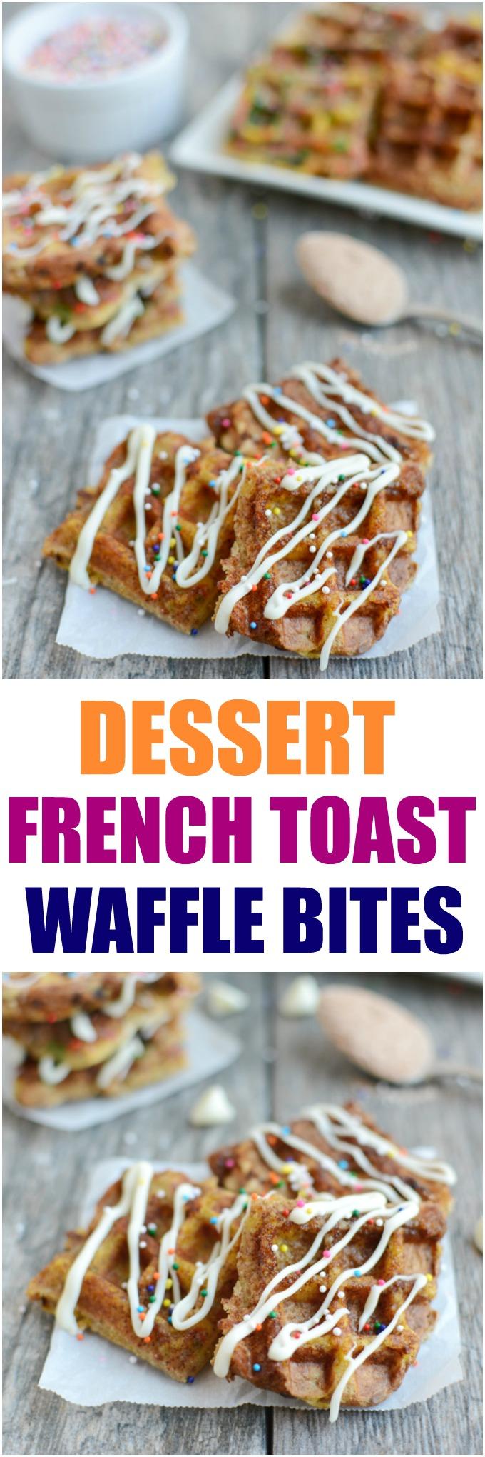 These Dessert French Toast Waffle Bites are a kid-friendly treat that makes a fun, healthy dessert alternative to cookies or cake.