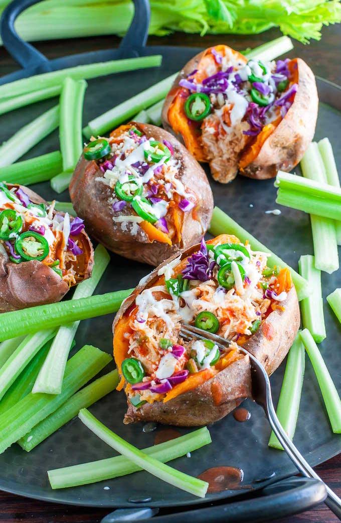 buffalo chicken stuffed sweet potatoes