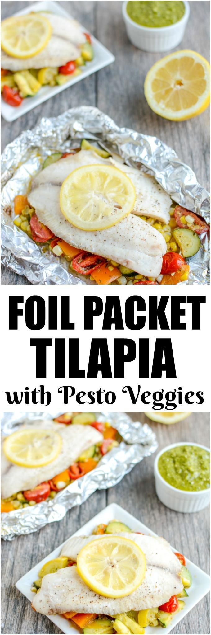 This recipe for Grilled Foil Packet Tilapia with Pesto Veggies is perfect for a summer dinner! It's quick, easy and healthy, plus cleanup is a breeze!