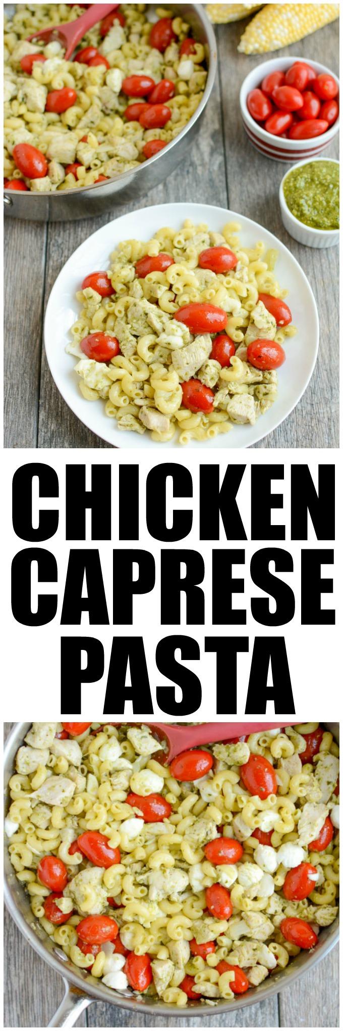 This Pesto Chicken Caprese Pasta is perfect for your next food prep session. It can be made ahead of time for a quick and healthy lunch or dinner that can be eaten warm or cold!