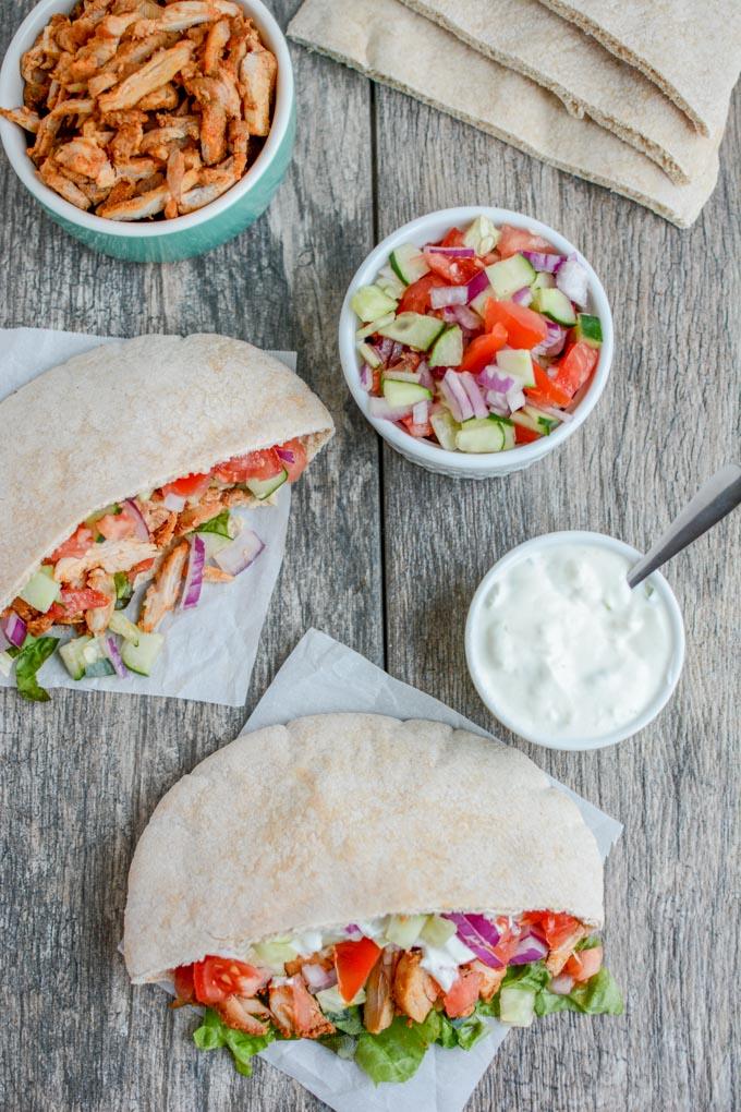 These Spicy Chicken Pitas are made with boneless, skinless chicken thighs and you can prep all the components ahead of time and assemble them quickly for a healthy lunch or dinner.