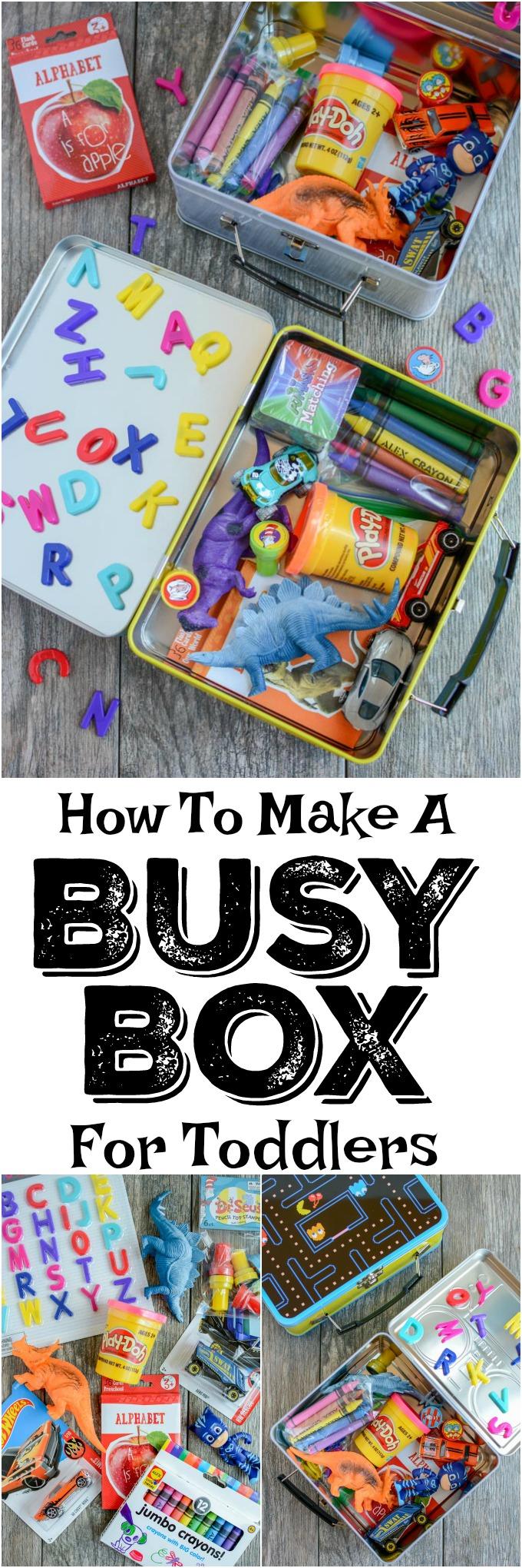 Learn how to make a busy box for toddlers. These boxes are easy to customize and perfect for keeping toddlers occupied at a restaurant, on a plane, while mom is nursing and more!