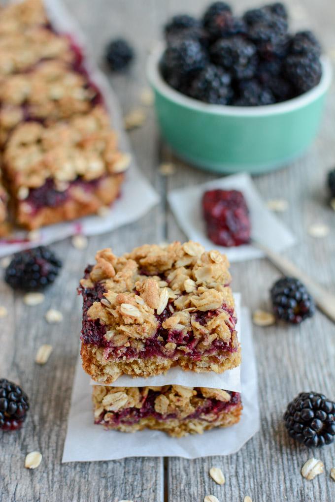 Serve these Blackberry Crumble Bars for a healthy dessert everyone will love! Make them with fresh or frozen blackberries and serve them for a party or a kid-friendly evening treat.