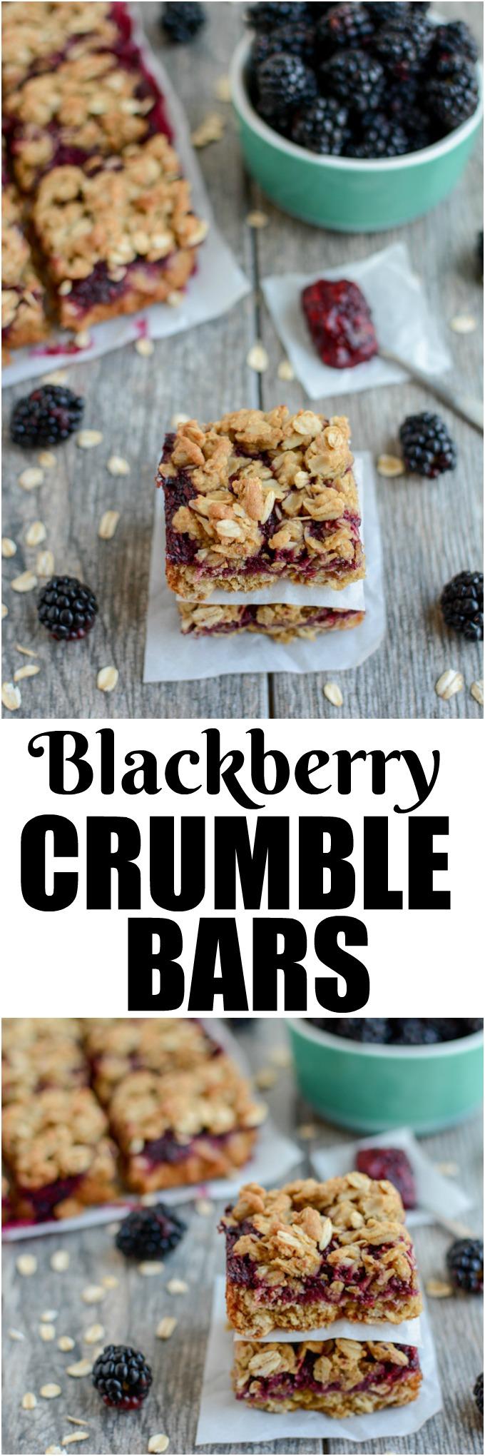 Serve these Blackberry Crumble Bars for a healthy dessert everyone will love! Make them with fresh or frozen blackberries and serve them for a party or a kid-friendly evening treat.