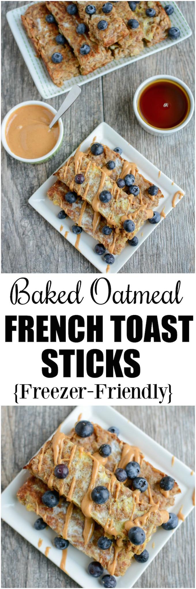 These Banana Baked Oatmeal French Toast Sticks are a healthy, gluten-free, kid-friendly breakfast recipe. They can even be made ahead of time, stored in the freezer and reheated in the microwave!