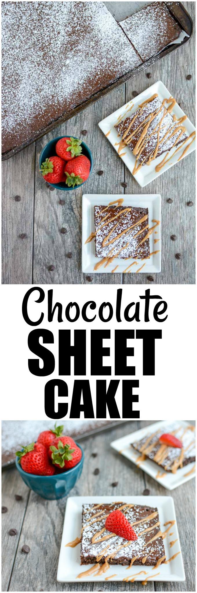 This Chocolate Sheet Cake is an easy dessert recipe and a fun change from a traditional round cake. Top with your favorite ice cream or a drizzle of peanut butter and some fresh strawberries. 