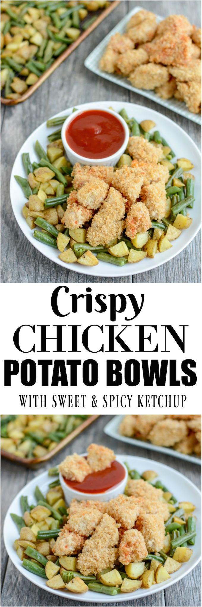 These Crispy Chicken Potato Bowls with Sweet Sweet and Spicy Ketchup are cooked on a sheet pan for an easy, healthy dinner recipe the whole family will love. 