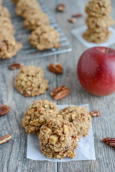 These gluten-free Apple Pecan Snack Cookies are a healthy, kid-friendly snack, breakfast or dessert. They're made with coconut and oat flour, full of fresh apples and sweetened with maple syrup.