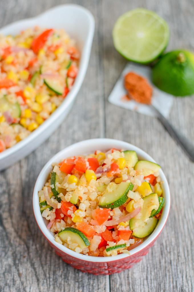 This vegan Confetti Cauliflower Rice is a healthy, gluten-free recipe. Serve it as a side dish or add some protein to turn it into a main dish for lunch or dinner.