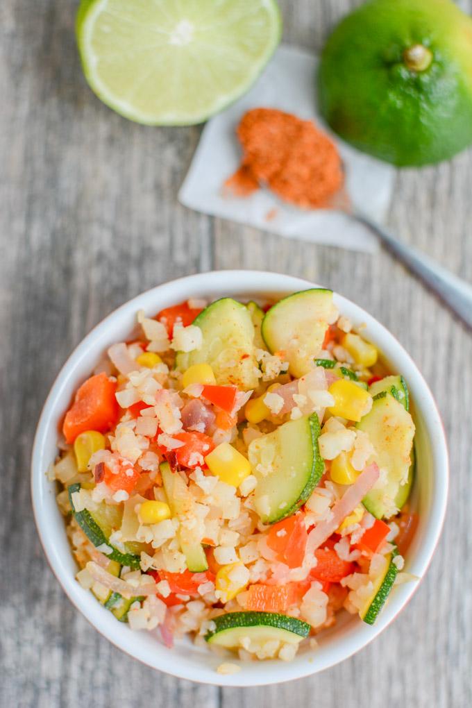 This vegan Confetti Cauliflower Rice is a healthy, gluten-free recipe. Serve it as a side dish or add some protein to turn it into a main dish for lunch or dinner.