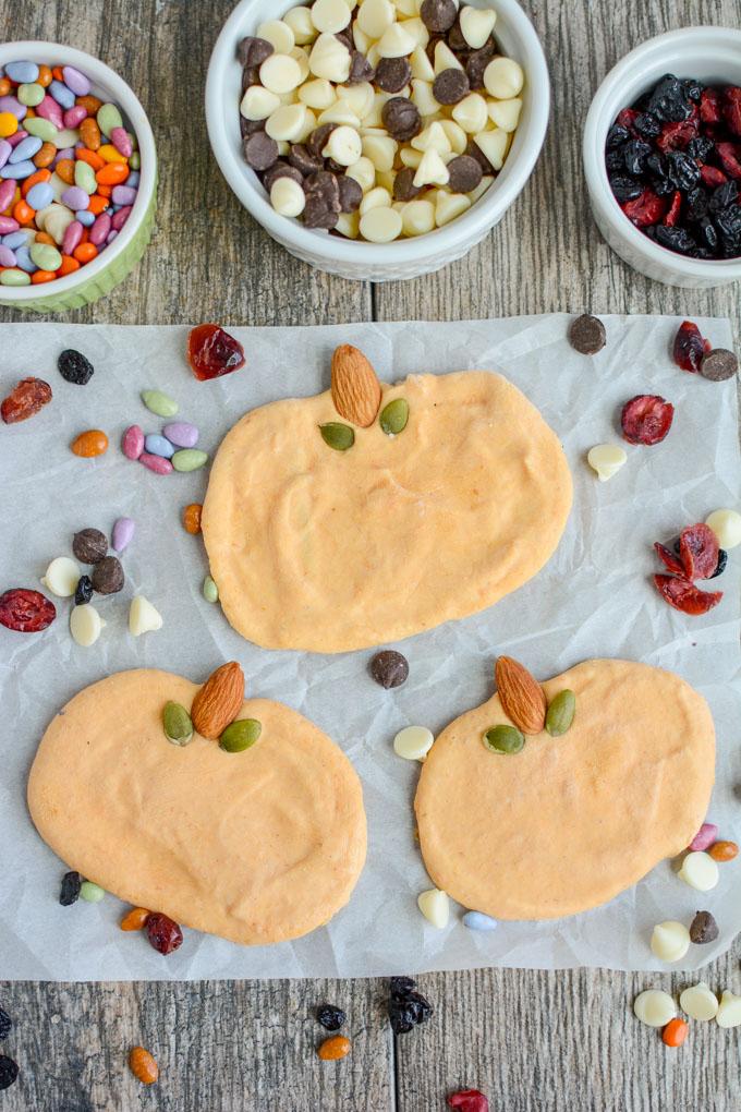 Pumpkin flavored yogurt shaped into pumpkins and frozen