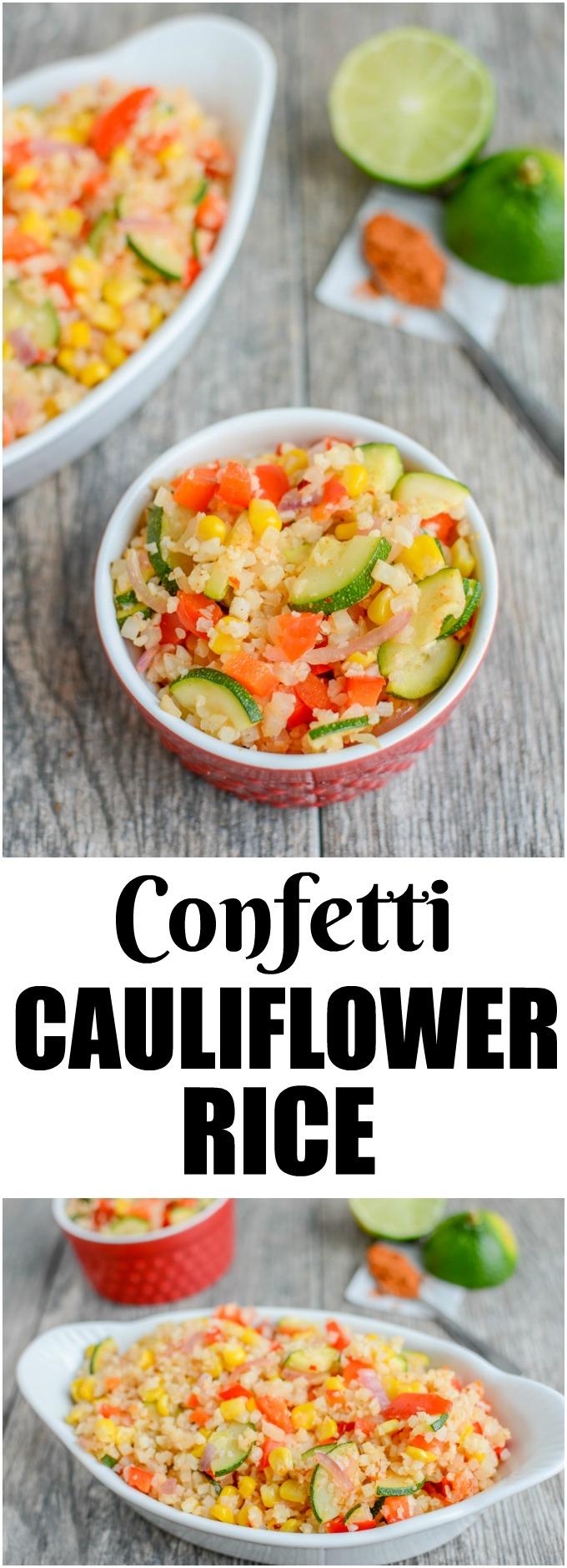 This vegan Confetti Cauliflower Rice is a healthy, gluten-free recipe seasoned with chili and lime. Serve it as a side dish or add some protein to turn it into a main dish for lunch or dinner.