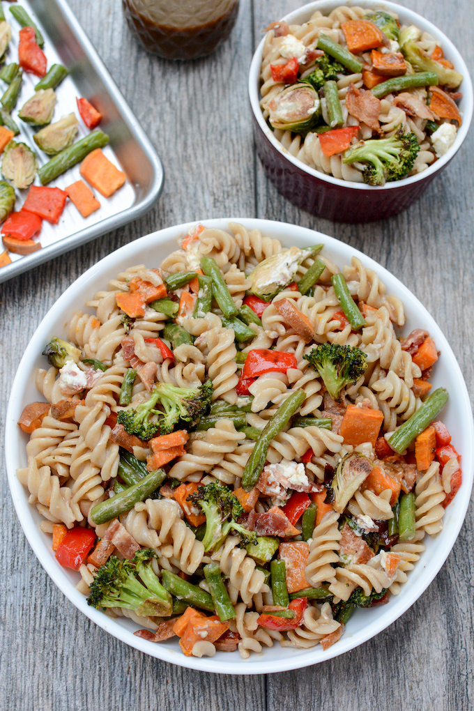 Roasted Vegetable Pasta Salad 29 vegetable pasta salad with bacon and goat cheese