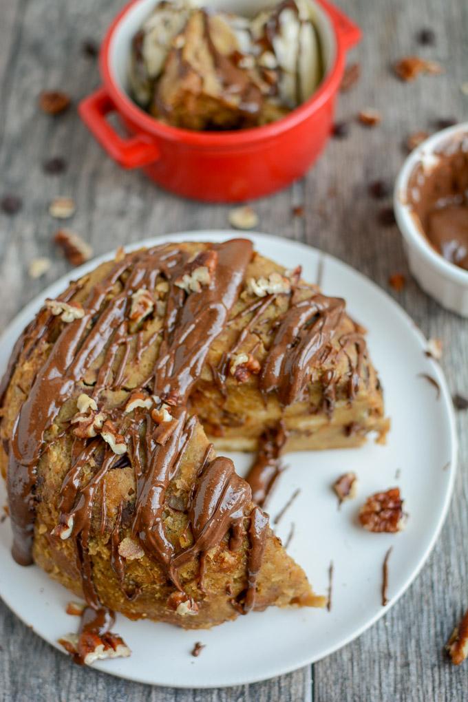 Instant Pot Gingerbread Bread Pudding with chocolate almond butter glaze