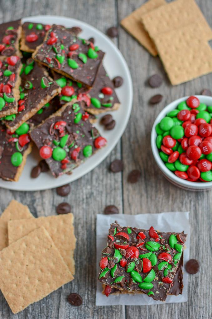 Easy Graham Cracker Toffee Bars topped with christmas m&ms